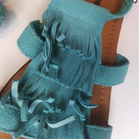 As Is MinnieTonka leather suede upper aqua blue color fringe  sandals size 8